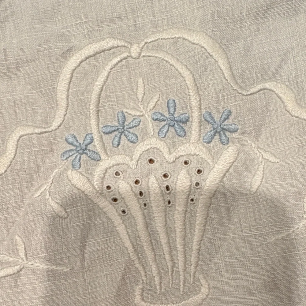 Vintage Cream and Blue Embroidered Linen Doily